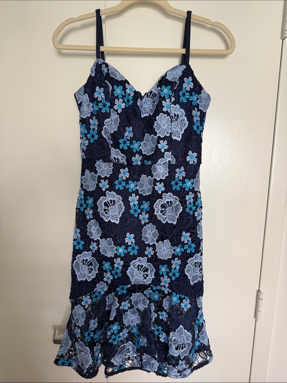 Guess Navy Lace Midi Dress with Light Blue Floral Embroidery
